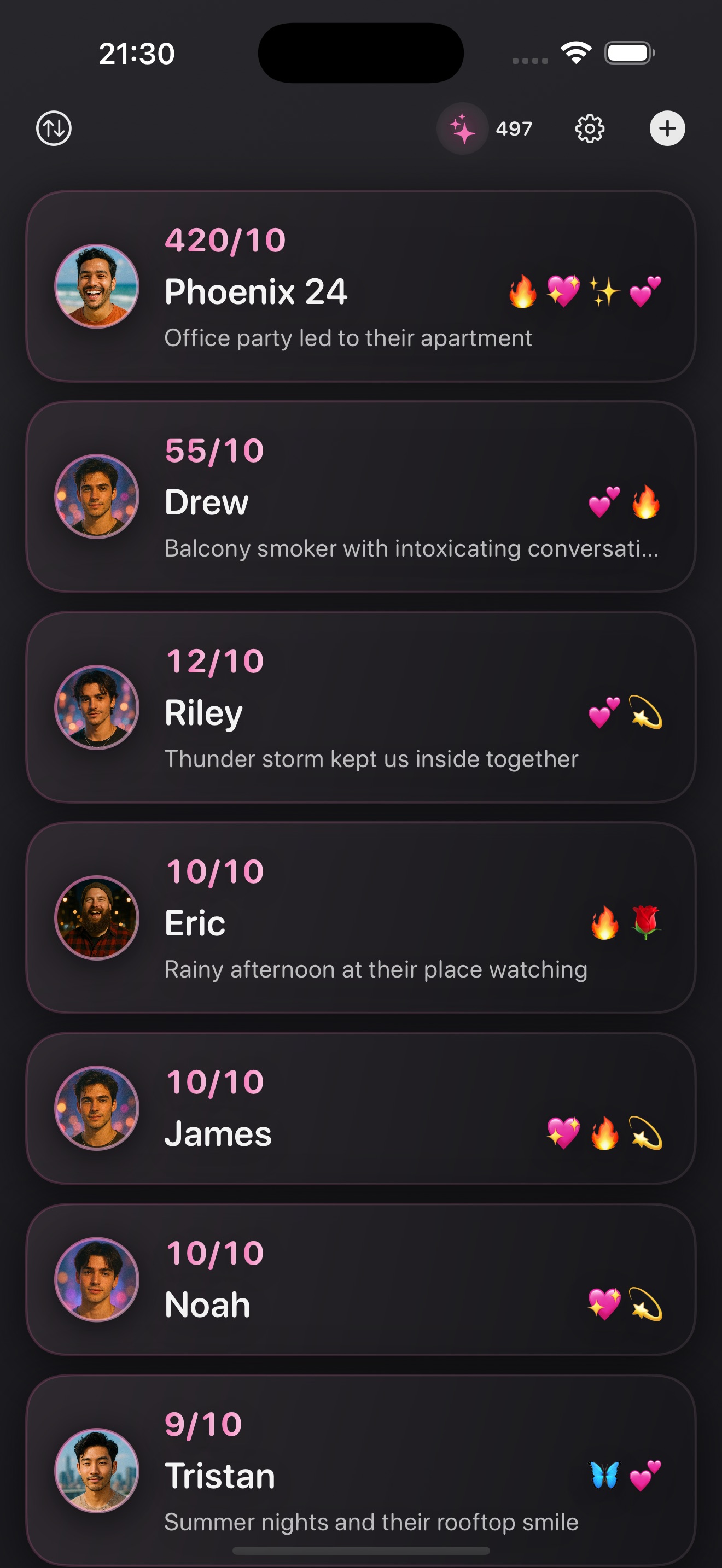 Friend Aura app in dark theme showing connection list with aura scores and customizable themes