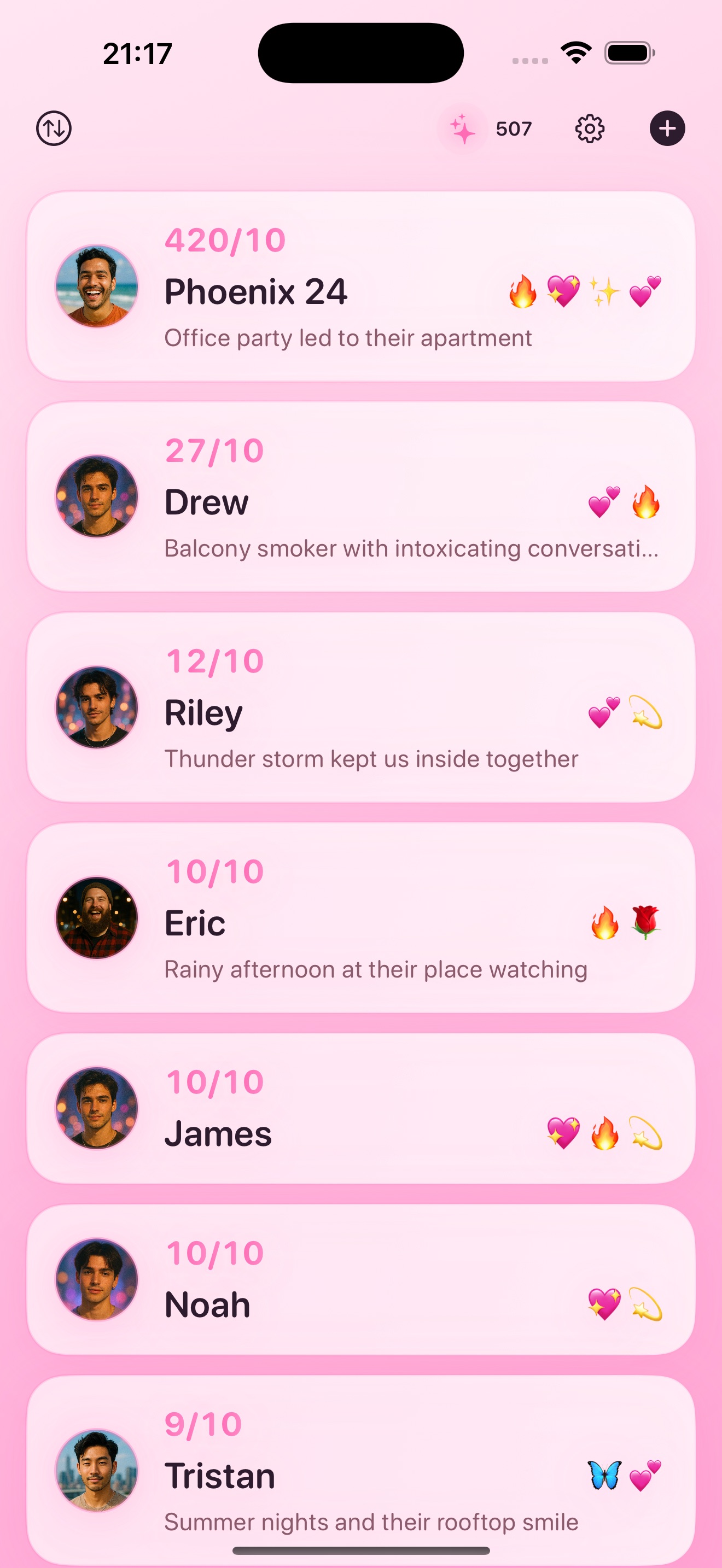 Friend Aura home screen showing connection entries list with names, aura scores, and emoji reactions